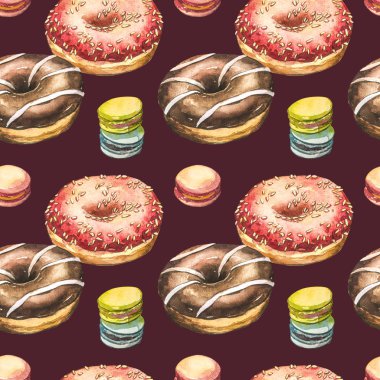 Beyaz arka plan üzerinde izole çörek suluboya çizimler. Sır ve sprinkles ile renkli donut ile Seamless modeli.
