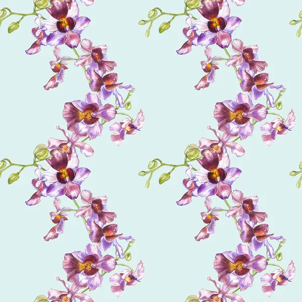 Watercolor orchid branch, hand drawn floral seamless pattern background. Flora watercolor illustration, botanical painting, hand drawing. — Stock Photo, Image