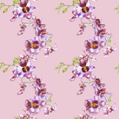 Suluboya dal orkide, elle çizilmiş çiçek Dikişsiz desen arka plan. Flora suluboya resim, botanik boyama, el çizimi