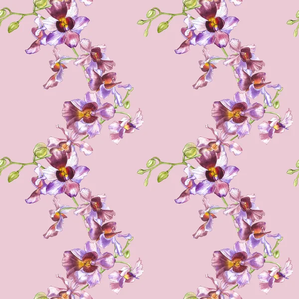 Watercolor Orchid Branch Hand Drawn Floral Seamless Pattern Background Flora — Stock Photo, Image