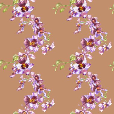 Suluboya dal orkide, elle çizilmiş çiçek Dikişsiz desen arka plan. Flora suluboya resim, botanik boyama, el çizimi.