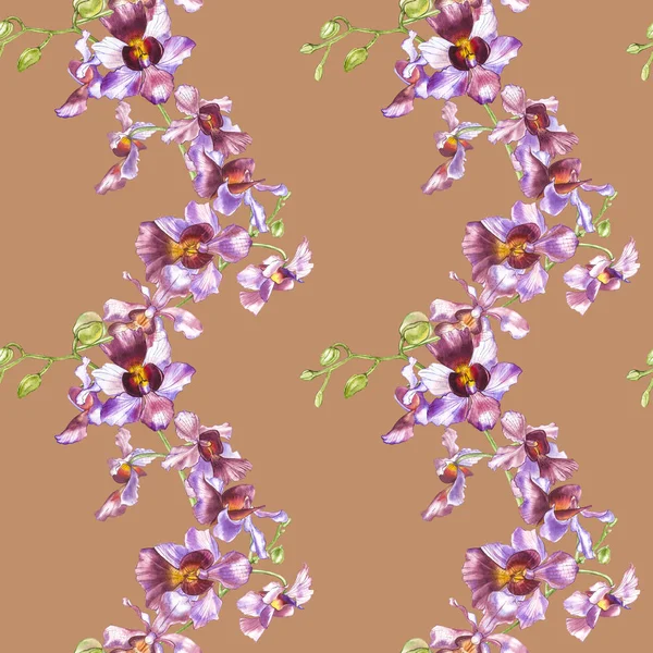 Akvarell orchid filial, handritad sömlös blommönster bakgrund. Flora akvarell illustration, botaniska målning, hand ritning. — Stockfoto