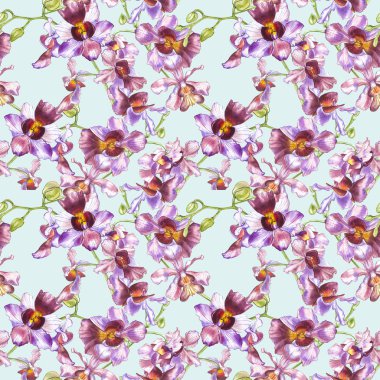 Suluboya dal orkide, elle çizilmiş çiçek Dikişsiz desen arka plan. Flora suluboya resim, botanik boyama, el çizimi.