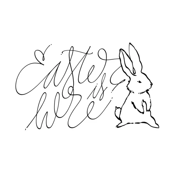 Cute rabbits, hand draw illustration with letterings phrases-Happy Easter. Draw vector illustration set character design of cute rabbit. — Stock Vector