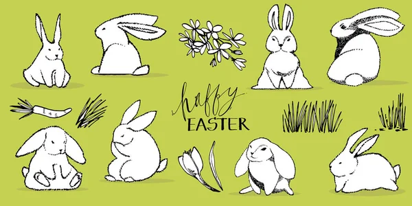 Inzameling van enkele leuke konijnen, hand tekenen illustratie. Tekenen van vector illustratie instellen Characterdesign van schattig konijn. — Stockvector