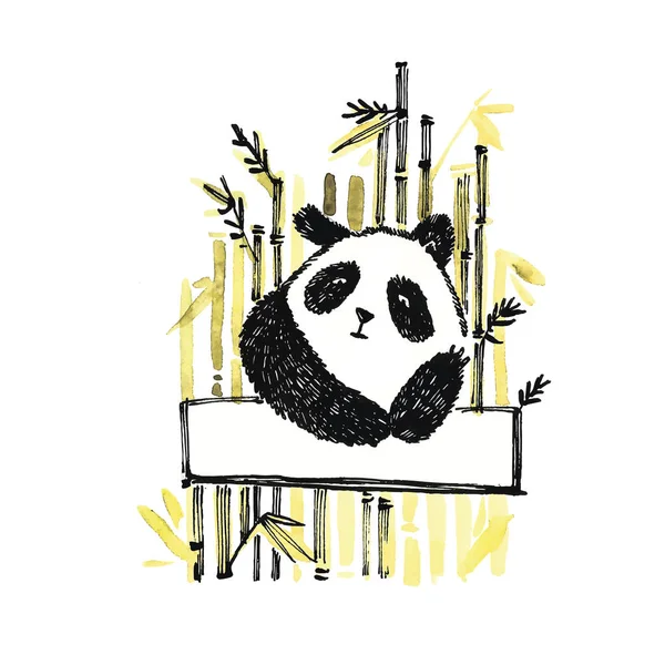 Симпатичная панда в графическом стиле с бамбуком. Векторная иллюстрация . — стоковый вектор