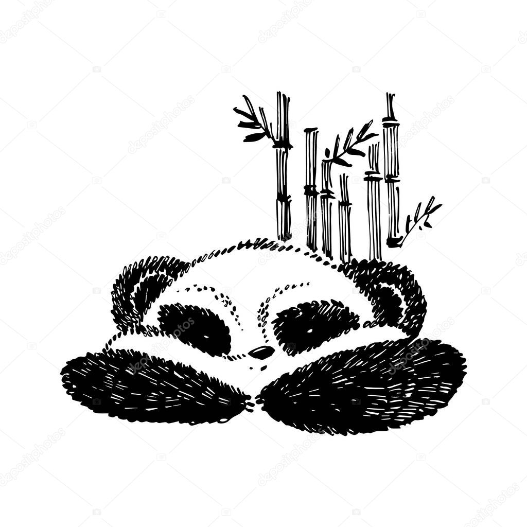 Cute panda in graphic style with bamboo. Vector hand drawn illustration.