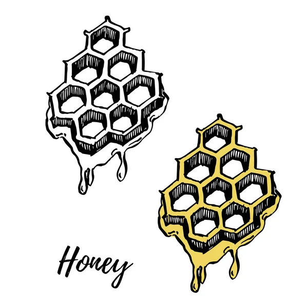 Illustrations d'éléments de miel. Vecteur Illustrations dessinées à la main isolées sur fond blanc . — Image vectorielle