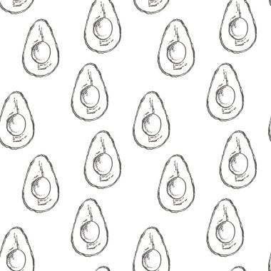 Avokado seamless modeli. Vektör çizilmiş resimler ver. Avokado, dilimlenmiş parçaları, yarım, yaprak ve tohum kroki. Tropikal yaz meyve stil illüstrasyon kazınmış.