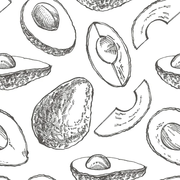 Patrón sin costura de aguacate. Vector ilustraciones dibujadas a mano. Aguacate, trozos en rodajas, medio, hoja y boceto de semilla. Ilustración de estilo grabado de frutas tropicales de verano . — Archivo Imágenes Vectoriales