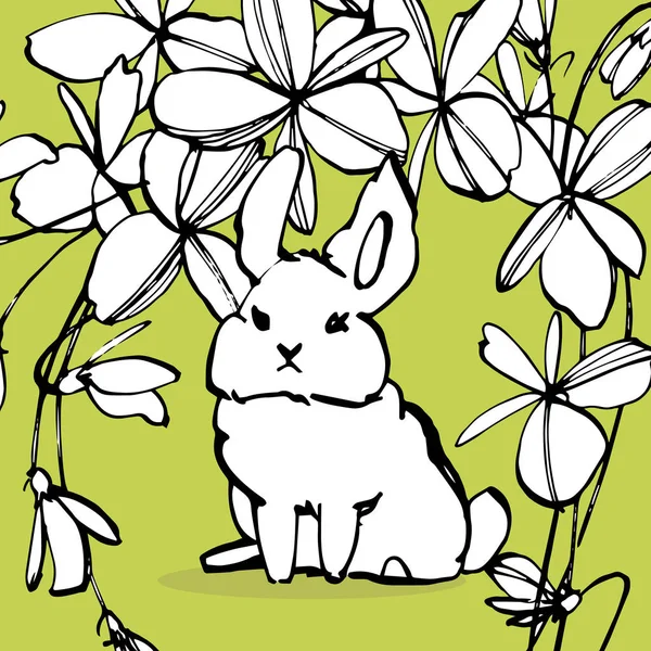 Cute rabbits with easter flowers hand draw illustration. Draw illustration postcards design of cute rabbit. — Stock Photo, Image