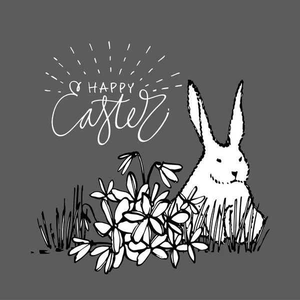 Easter greeting card. Cute rabbits, hand draw illustration with letterings phrases-Happy Easter. Draw illustration postcards design of cute rabbit.