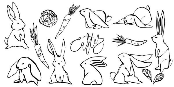 Lapins mignons, dessin à la main illustration avec des phrases lettres-Pâques. Dessiner illustration cartes postales conception de lapin mignon . — Photo