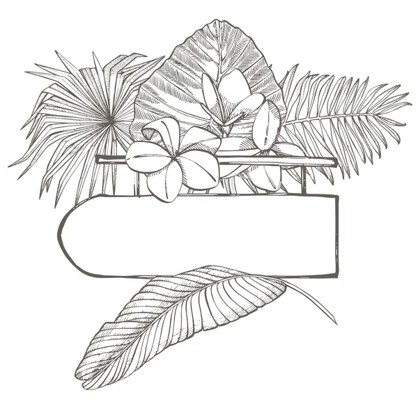 Composizione questo cartello e foglie di palma tropicale, illustrazione grafica. Illustrazione grafica dipinta a mano. Posto per testo — Foto Stock