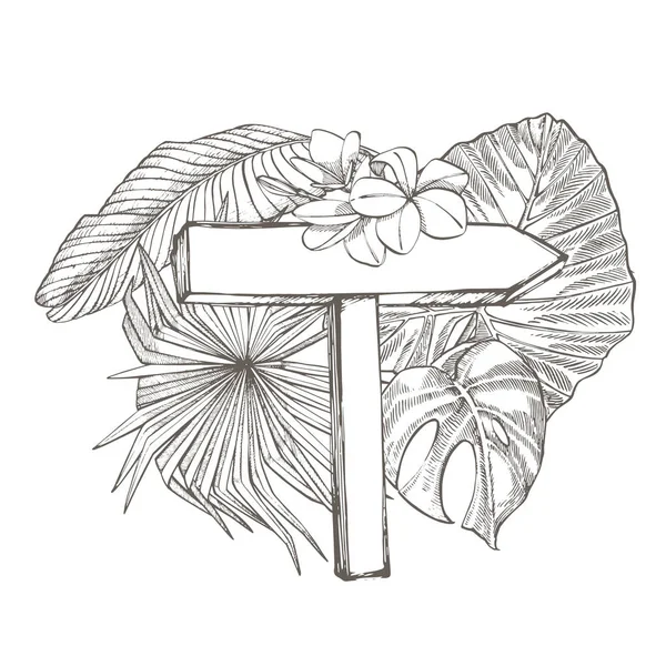 Composizione questo cartello e palma tropicale foglie illustrazione. Illustrazione grafica dipinta a mano. Posto per testo . — Foto Stock