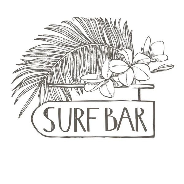 Sörf bar. Kompozisyon bu tabela ve tropikal palmiye yaprakları, grafik illüstrasyon. Grafik el boyalı resimde çekilmiş. — Stok fotoğraf