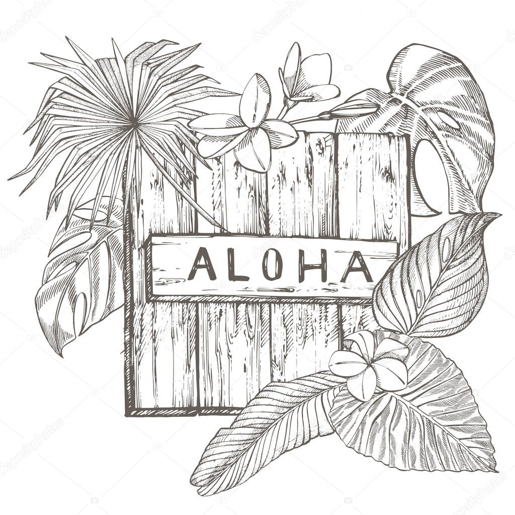 Composition this wood texture and tropical palm leaves, graphic illustration. Graphic hand drawn painted illustration. Lettering phrase - Aloha.
