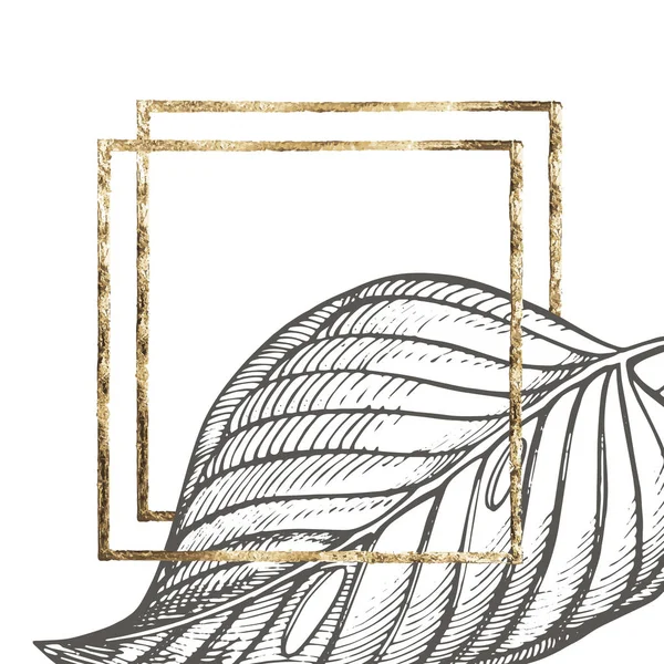Summer tropical leaves design with gold frame. Floral background illustration. Invitation or card design with jungle leaves.