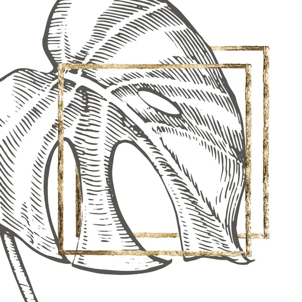 Дизайн літнього тропічного листя з золотим каркасом. Квіткова фонова ілюстрація. Запрошення або дизайн картки з листя джунглів . — стокове фото