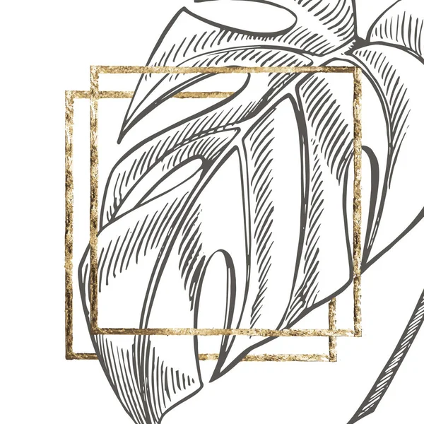 Sommar tropiska blad design med guld ram. Blommig bakgrund illustration. Inbjudan eller kort design med djungelblad. — Stockfoto