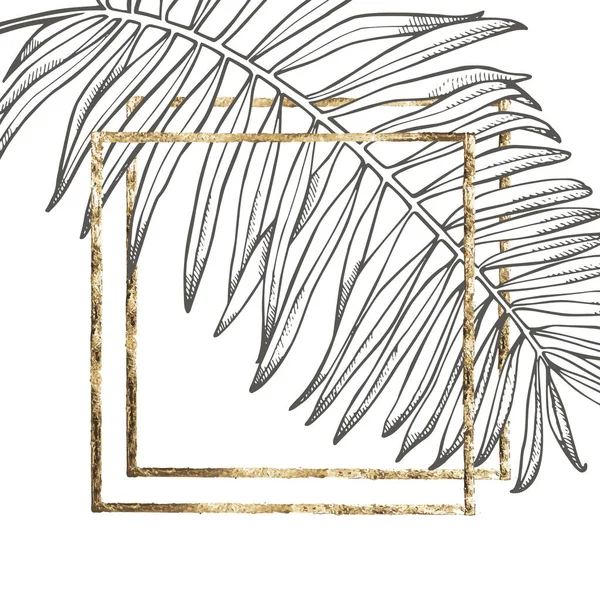夏季热带树叶设计与金色框架。花卉背景插图。带丛林叶子的邀请函或卡片设计. — 图库照片