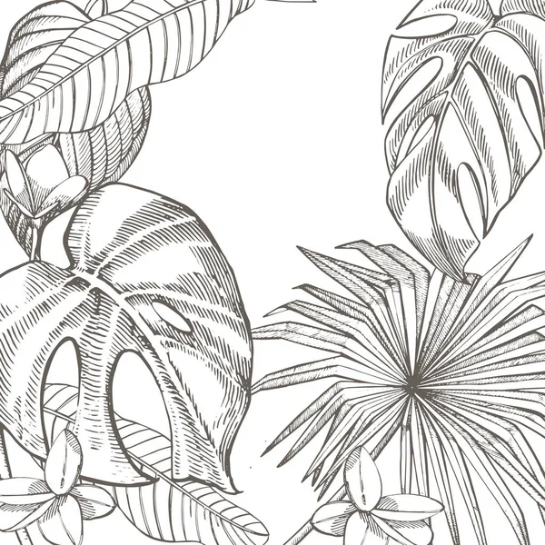 Yaz tropik yapraklar tasarımı. Çiçek arkaplan çizimi. Orman yapraklı davetiye ya da kart tasarımı. — Stok fotoğraf