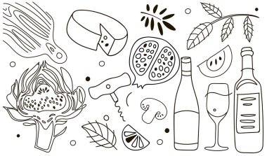 Şarap kompozisyon. Hat sanat grafik. Restoran şablonu. Hat illüstrasyon.