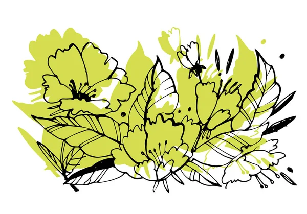 Graficzny ilustracja kreatywnych kwiat. Tekstury z czarnym tuszem. Ręczne malowanie pędzlem dla swoich projektów: logo, plakaty, zaproszenia, kartki. Graficzny ilustracja. — Zdjęcie stockowe
