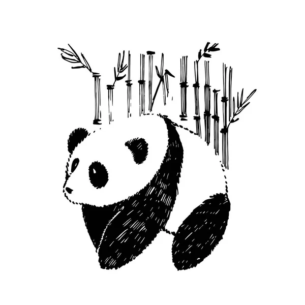 Cute panda in graphic style with bamboo. Ink hand drawn illustration.