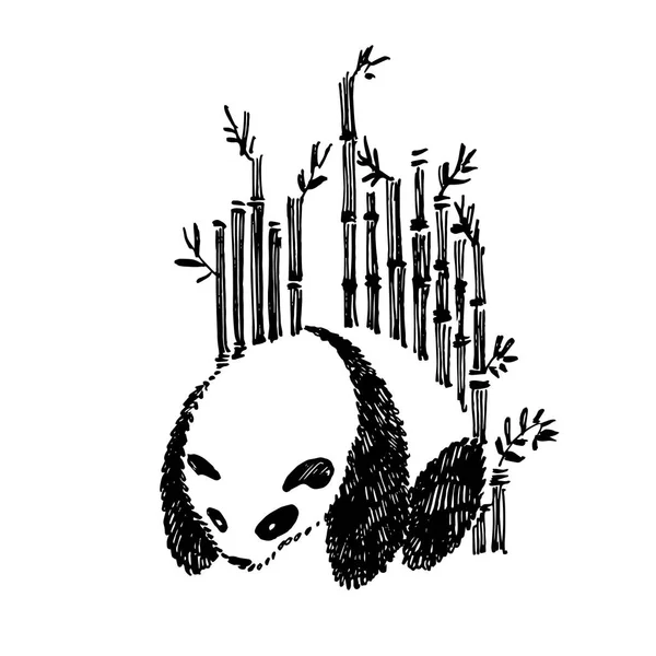 Cute panda in graphic style with bamboo. Ink hand drawn illustration.