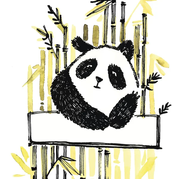 Cute panda in graphic style with bamboo. Ink hand drawn illustration.