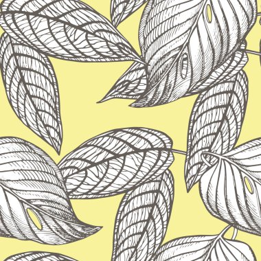 Orman sorunsuz çiçek desenli arka plan bırakır. Tropikal palmiye arka plan bırakır. Trendy tarzı grafik illüstrasyon.