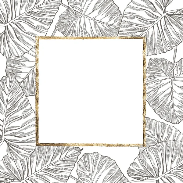 Letní tropické listy mají zlatý rám. Květinové pozadí ilustrace Pozvánka nebo návrh karty s listy džungle. — Stock fotografie