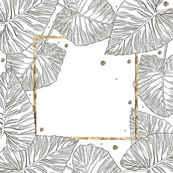 Лето уходит дизайном с золотой рамой. Цветочный фон. Дизайн приглашения или карты с листьями джунглей . — стоковое фото