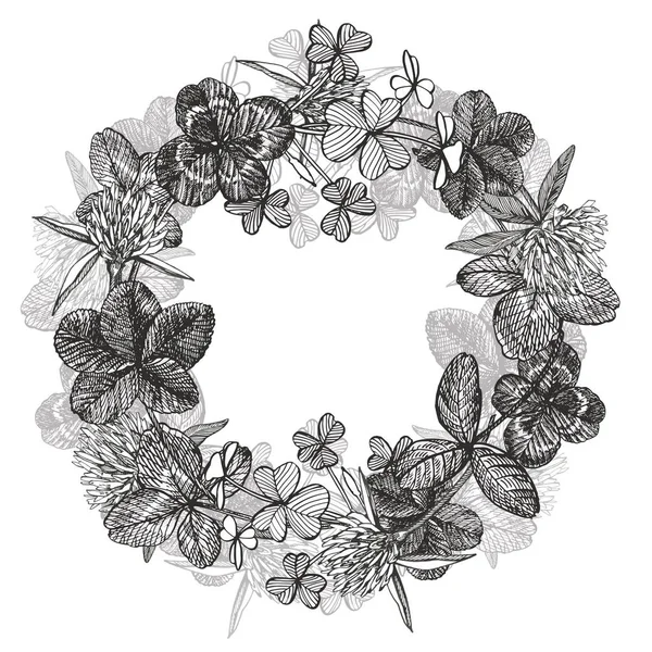 クローバーのイラスト。●白い背景に孤立した手描きのクローバーイラストのセット。花の花輪。グラフィックラウンドボーダー. — ストック写真