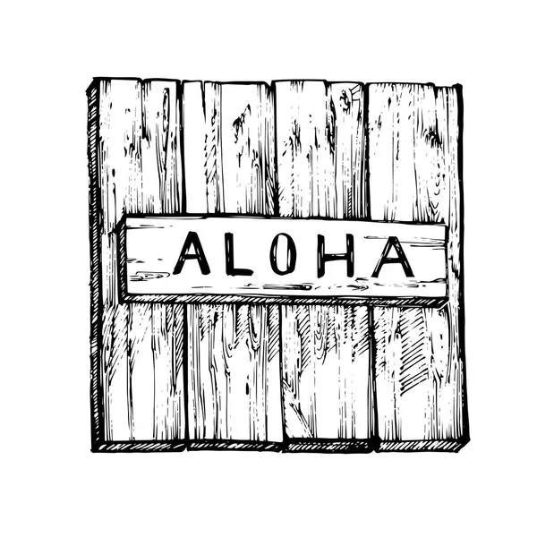 Ahşap tahta. Sözcük yazısı-Aloha. Ağaç dokusu, Illustration. Grafik el çizilmiş boyalı illüstrasyon. — Stok fotoğraf