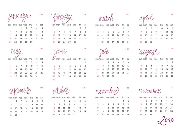 Шаблон календаря установлен на 2019 год в одном файле. Элемент дизайна бизнес-организатора для печати или приложений. Регулярный интервал . — стоковое фото