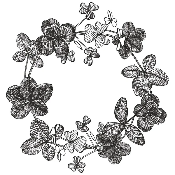 クローバーのイラスト。●白い背景に孤立した手描きのクローバーイラストのセット。花の花輪。グラフィックラウンドボーダー. — ストック写真