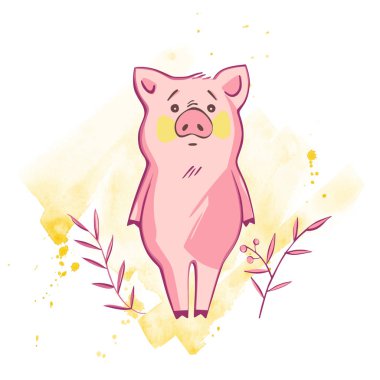 Komik domuz. Beyaz üzerinde izole. Sevimli Illustration. Çin takviminde yılın sembolü.