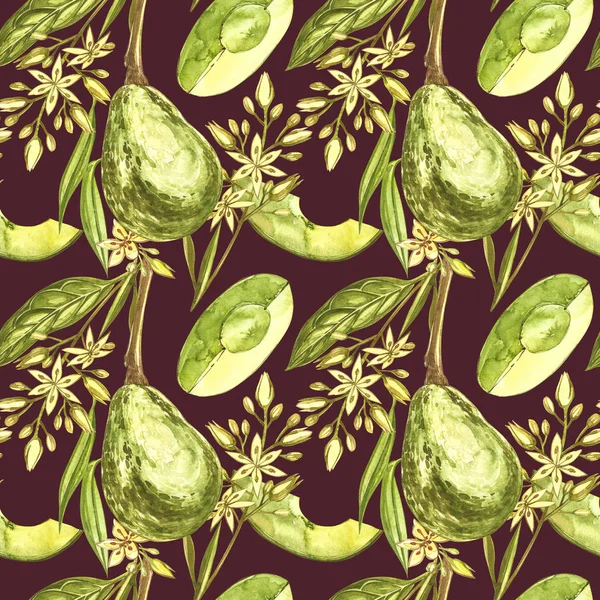 Avocado watercolor hand draw illustration isolated on white background. Seamless pattern of hand drawn avocado. — Stock Photo, Image