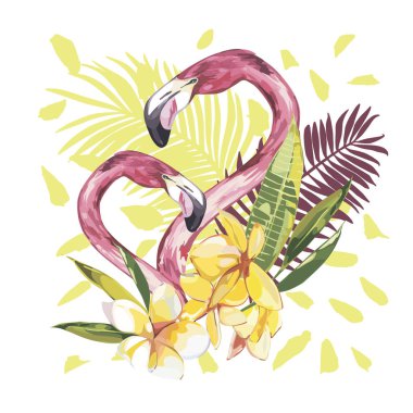 Flamingo ile yaz illüstrasyon. Tropik Kuş. Yaz Tasarımı. T-shirt Moda Grafik.