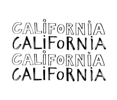 Tropik yaprakları ile tipografi sloganı. T gömlek baskı için El çizilmiş California.