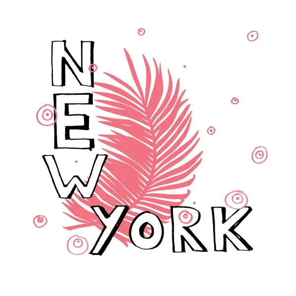 Slogan tipografia con foglie tropicali. New York disegnata a mano per la stampa di t shirt . — Foto Stock