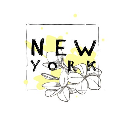 Tropik yaprakları ile tipografi sloganı. T shirt baskı için el çizilmiş New York.