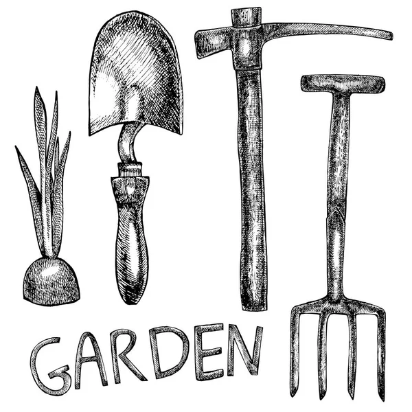 Grafisk illustration av trädgårdsredskap. Isolerad på vit bakgrund. — Stockfoto