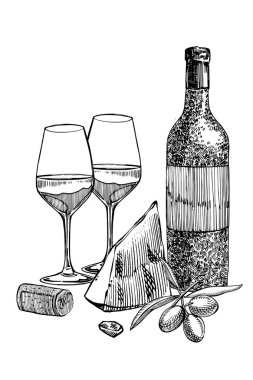 Bir şişe şarap, iki bardak, parmesan peyniri, üzüm ve zeytin yaprağı bileşimi. Elle çizilmiş stil illüstrasyonlar oyma. Şarap antika arka plan afiş.