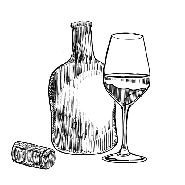 Botella de vino tinto y copas, ilustración estilo boceto aislado sobre fondo blanco. Dibujo realista a mano. Ilustraciones estilo grabado . — Foto de Stock