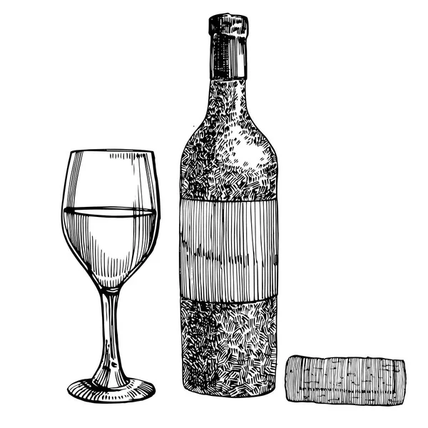 红酒瓶和玻璃杯，素描风格插图隔离在白色背景上。逼真的手绘。雕刻风格插图. — 图库照片