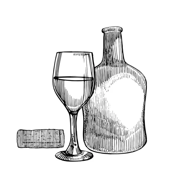 Κόκκινο μπουκάλι κρασί και γυαλιά, σκίτσο στυλ εικόνα απομονώνεται σε λευκό φόντο. Ρεαλιστικό σχέδιο χεριού. Χαρακτική στυλ εικονογραφήσεις. — Φωτογραφία Αρχείου