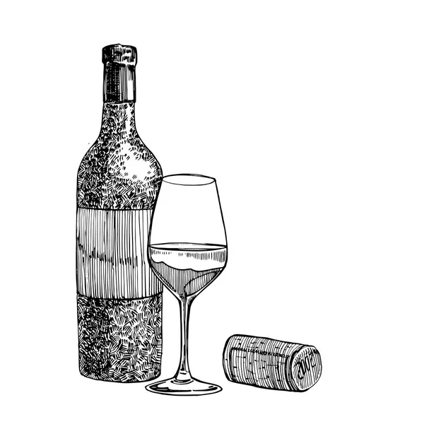 ขวดไวน์แดงและแก้ว, ภาพวาดสไตล์สเก็ตช์แยกจากพื้นหลังสีขาว. การวาดด้วยมือที่สมจริง ภาพประกอบสไตล์แกะสลัก . — ภาพถ่ายสต็อก